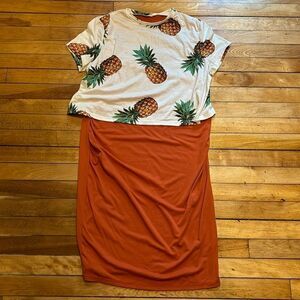 Women’s White Cropped pineapple Tshirt over Orange Shift dress size large
